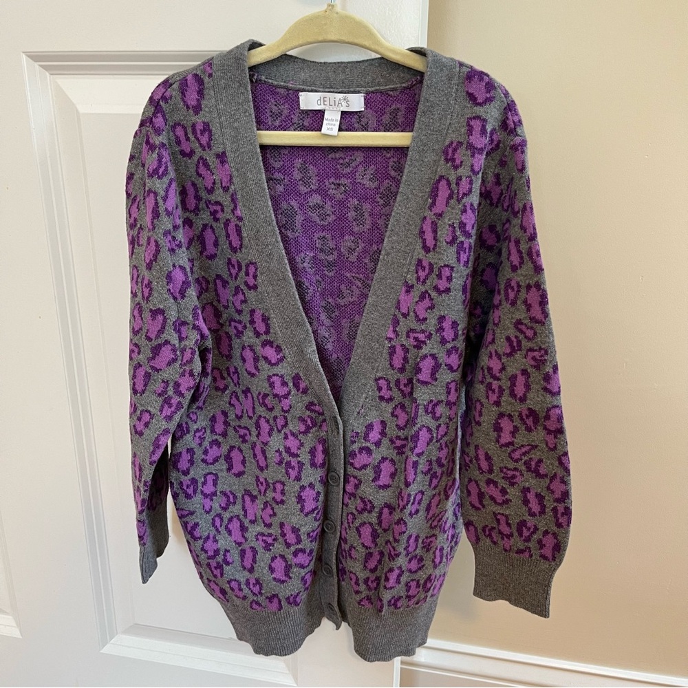 Delia’s Purple Leopard Print Cardigan Sweater Girls Size XS